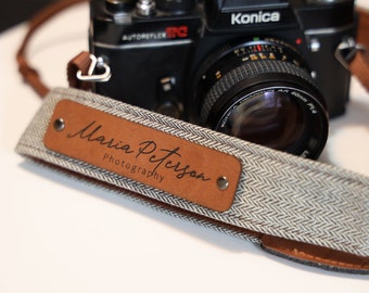 Alça de câmera personalizada em algodão e couro, ajustável para o pescoço, presente para fotógrafos.