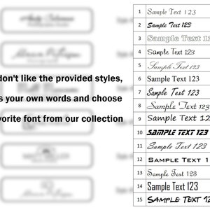 May include: A graphic showing 15 different font styles for the text "Sample Text 123". The text is shown in a variety of fonts, including script, sans-serif, and serif fonts. The text is shown in black on a white background.