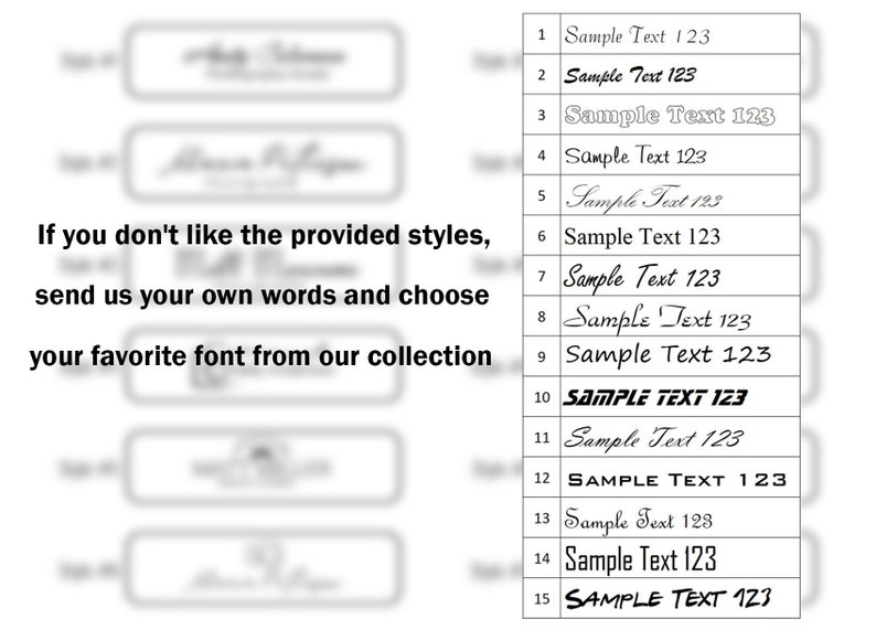 May include: A graphic showing 15 different font styles for the text "Sample Text 123". The text is shown in a variety of fonts, including script, sans-serif, and serif fonts. The text is shown in black on a white background.