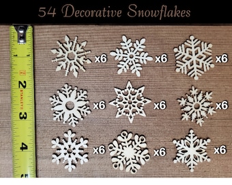 Birch Plywood Snowflakes: 54 Assorted Wooden Snowflakes for Christmas Decoration, Same Day Shipping