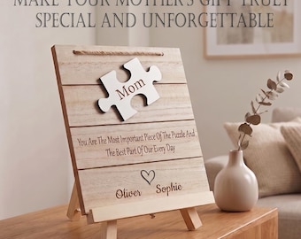 Personalized Puzzle Piece Sign for Mom, Custom Family Names Wood Plaque