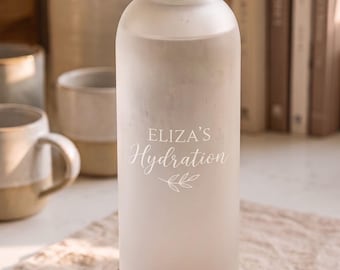 Custom Laser Engraved Frosted Glass Water Bottle, 24 oz Personalized Bamboo Lid Bottle, Name Logo Gift, Fast Shipping, USA Seller