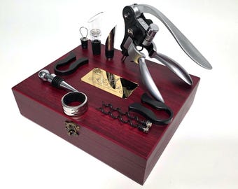 Personalized Wine Opener Set: Engraved Wooden Box, Accessories Kit, Last Minute Valentines Gifts