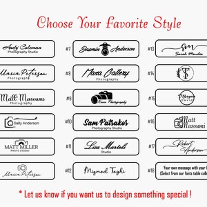 May include: A graphic showing 18 different logo styles for photography businesses. Each style is numbered and includes a sample name and tagline. The styles include a variety of fonts, graphics, and layouts.