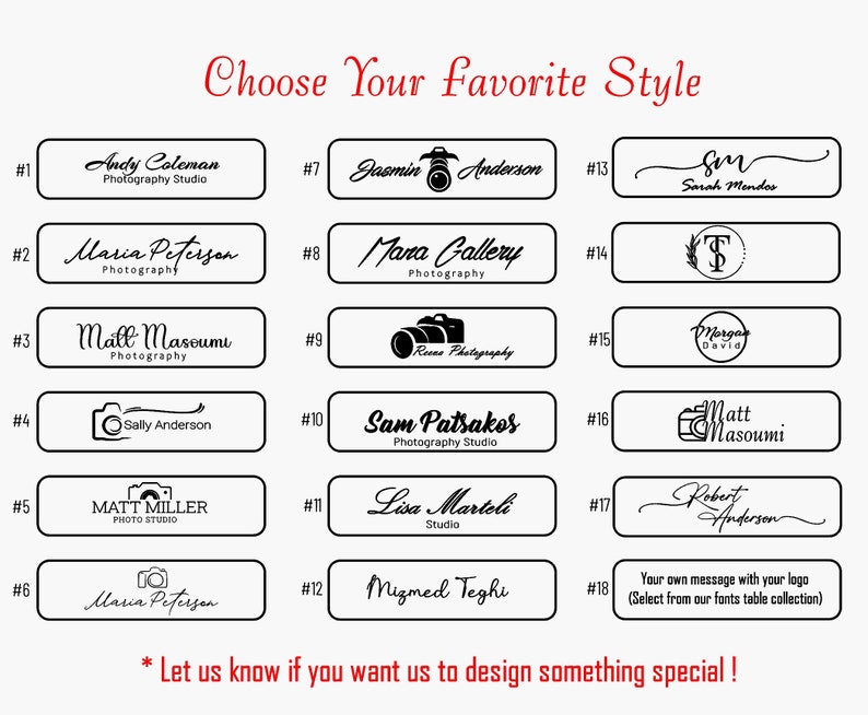 May include: A graphic showing 18 different logo styles for photography businesses. Each style is numbered and includes a sample name and tagline. The styles include a variety of fonts, graphics, and layouts.