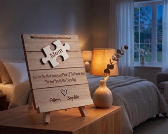 Personalized Puzzle Piece Wood Sign, Laser Engraved Family Name Plaque, Mother's Day Gift