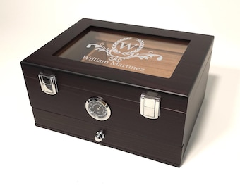 Personalized Cigar Humidor, Cedar Wood Box, Glass Top, Accessories Drawer