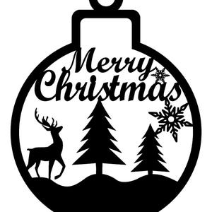 May include: Black and white Christmas ornament design with the words "Merry Christmas". The ornament features a deer, two pine trees, and a snowflake. The ornament has a loop at the top for hanging.