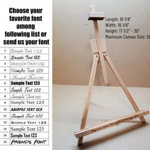 Könnte beinhalten: Ein Holzstaffelei mit einer maximalen Leinwandgröße von 66 cm. Die Staffelei ist 41 cm lang und breit und 44,5 bis 76 cm hoch. Die Staffelei hat einen Platz, um eine personalisierte Nachricht zu gravieren.