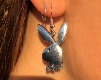 Silver 20mm BIG XL Cute Playboy Play Boy Logo Aesthetic Bunny Rabbit Hoop Hoops Earrings Inspired Charm Earring Pair Y2K Kawaii Cute Japanese Art Hoe Culture Harajuku Vintage Retro KPOP