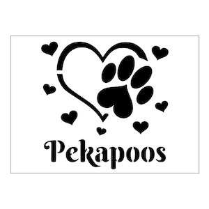 May include: Black and white graphic design of a paw print inside a heart with the text "Pekapoos" below. The heart is surrounded by smaller hearts.