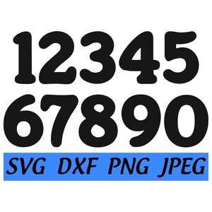 Puede incluir: Números negros y blancos del 1 al 0 en una fuente redonda y negrita. Los números están dispuestos en dos filas. El texto "SVG DXF PNG JPEG" está debajo de los números en un rectángulo azul.