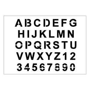 May include: Black and white stencil with the alphabet, numbers 1 and 2, and numbers 3 through 9.