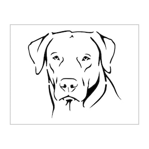 May include: Black and white line art illustration of a Labrador Retriever dog's head.