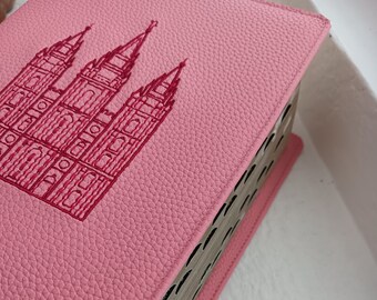 Rosa mit Rot gestickter Salzsee-Tempel-regelmäßige Größe LDS Vierfachkombination Kunstleder-Schrifthülle, Schrift-Schonbezug, Taufe