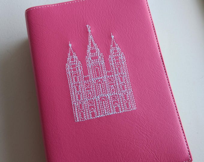 Featured listing image: Bright Pink Regular Size LDS Quad Simulated Leather with Salt Lake Temple Scripture Cover, LDS Scripture Slipcover, Pink Scriptures