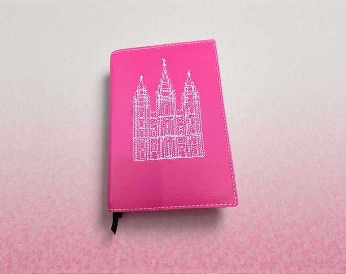 Featured listing image: Bright Pink Regular Size LDS Quad Simulated Leather with Salt Lake Temple Scripture Cover, LDS Scripture Slipcover, Pink Scriptures