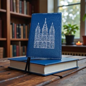May include: A blue book with a white embroidered architectural design on the cover, resting atop another blue book. The books are on a wooden table, with a bookshelf and window in the background. The books have a black ribbon bookmark.