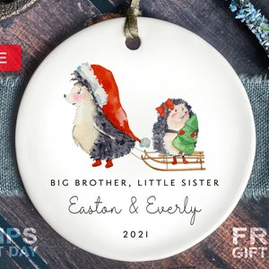 Big Brother Christmas Ornament - Personalized Sibling Hedgehog Christmas Themed Ornament - Little Sister Ornament