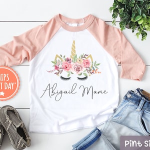 Personalized Name Unicorn Girls Raglan - Floral Unicorn Toddler Shirt - Custom Name Girls Shirt