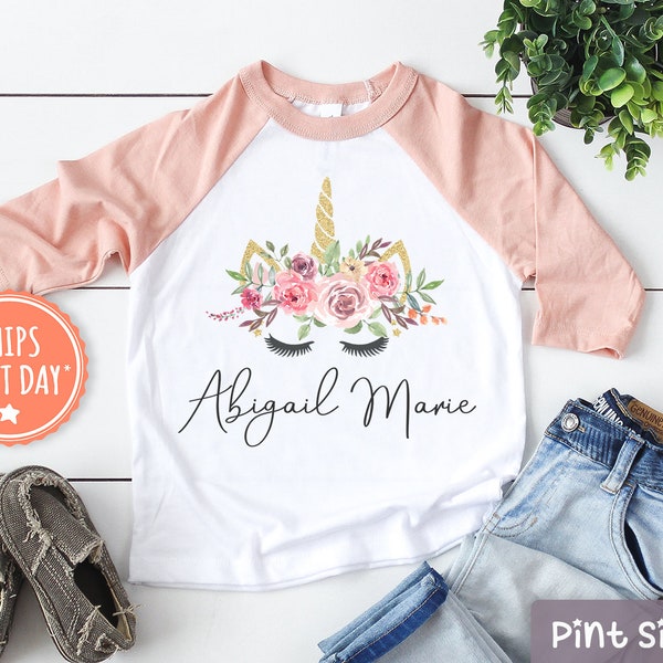 Personalized Name Unicorn Girls Raglan - Floral Unicorn Toddler Shirt - Custom Name Girls Shirt