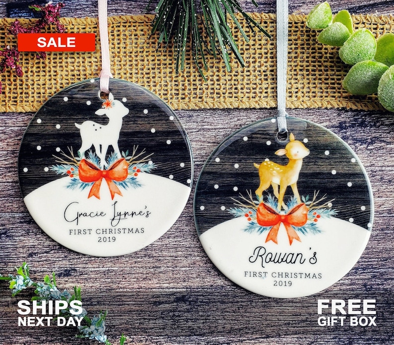 Baby&#39;s First Christmas Ornament - Personalized Baby Deer Christmas Themed Ornament photo