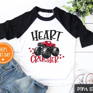 Valentines Day Boys Shirt - Cute Truck Valentine Kids Shirt - Heart Crusher Baseball Tee