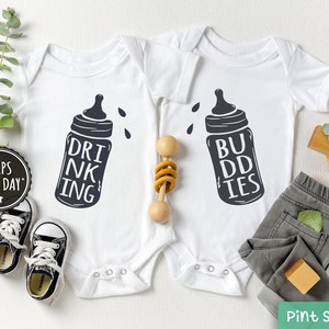 Twin Baby Onesie® Set - Drinking Buddies Twin Onesies® - Funny Hipster Twin Bodysuit - Cute Best Friend Twin Baby Onesies®