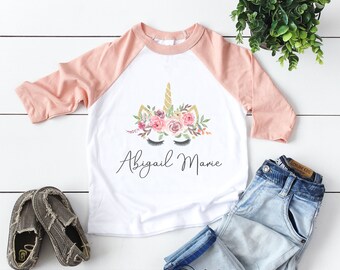 Personalized Name Unicorn Girls Raglan - Floral Unicorn Toddler Shirt - Custom Name Girls Shirt