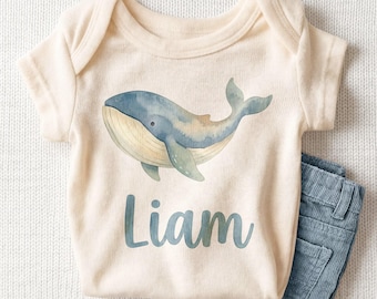 Personalized Watercolor Whale Baby Onesie - Custom Name Cute Ocean Bodysuit