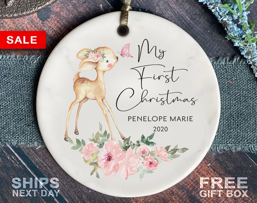 Baby&#39;s First Christmas Ornament - Personalized Baby Girl Deer Christmas Ornament