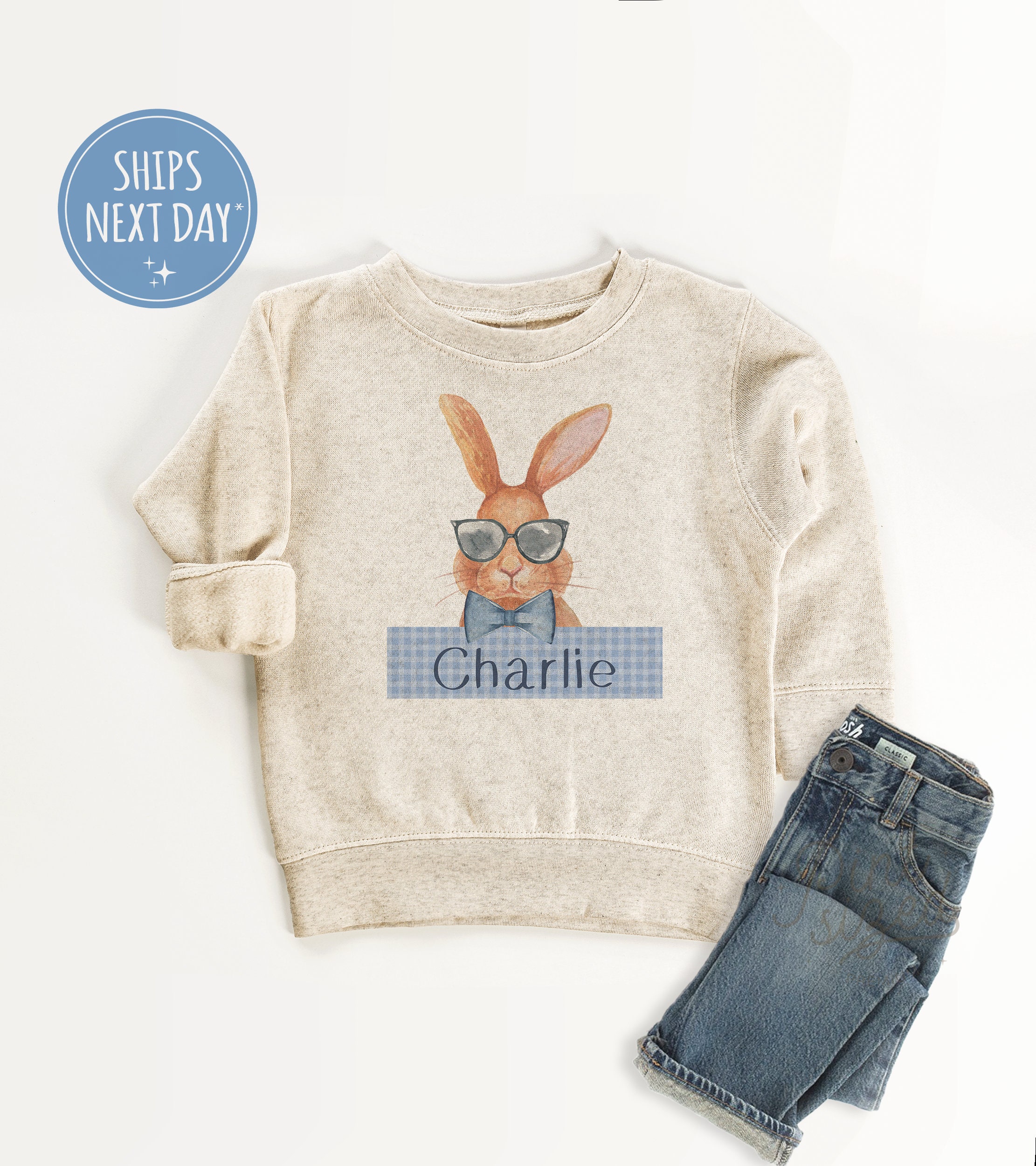 Personalisiertes Namenshasen Kinder Sweatshirt - Peter Rabbit Junge Kleinkind Rundhalsausschnitt - Süßer Osterhasen Pullover