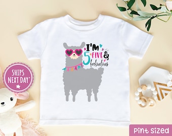 Fifth Birthday Girl Llama Shirt -Five and Fabulous Shirt- Girl Five Birthday Shirt - 5th Birthday Raglan -