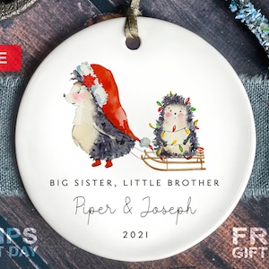 Big Sister Christmas Ornament - Personalized Sibling Hedgehog Christmas Themed Ornament - Little Brother Ornament