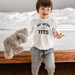 Funny Breastfeeding Toddler Shirt Mom Is The Tits Kids Tee Cute Breastfed Hipster Kids Shirt image 7