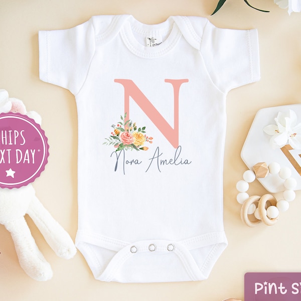 Personalized Floral Baby Girl Onesie® - Custom Onesie® Girl - Pink Flowers Onesie® Girl - Baby Name Onesie® Unique Girl clothes