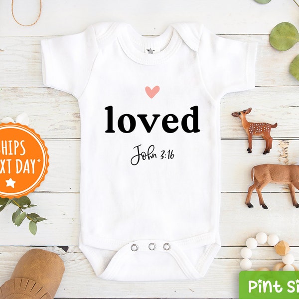 Religious Baby Onesie® - Loved Baby Onesie® - John 3:16 Bible Verse Onesie® - Unisex Religious Baby Gift