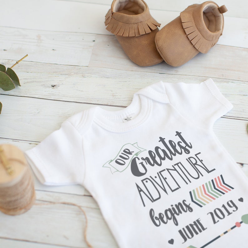 Pregnancy Reveal Onesie\u00ae Our Greatest Adventure Begins Onesie\u00ae Personalized Month /& Year Announcement Onesie\u00ae