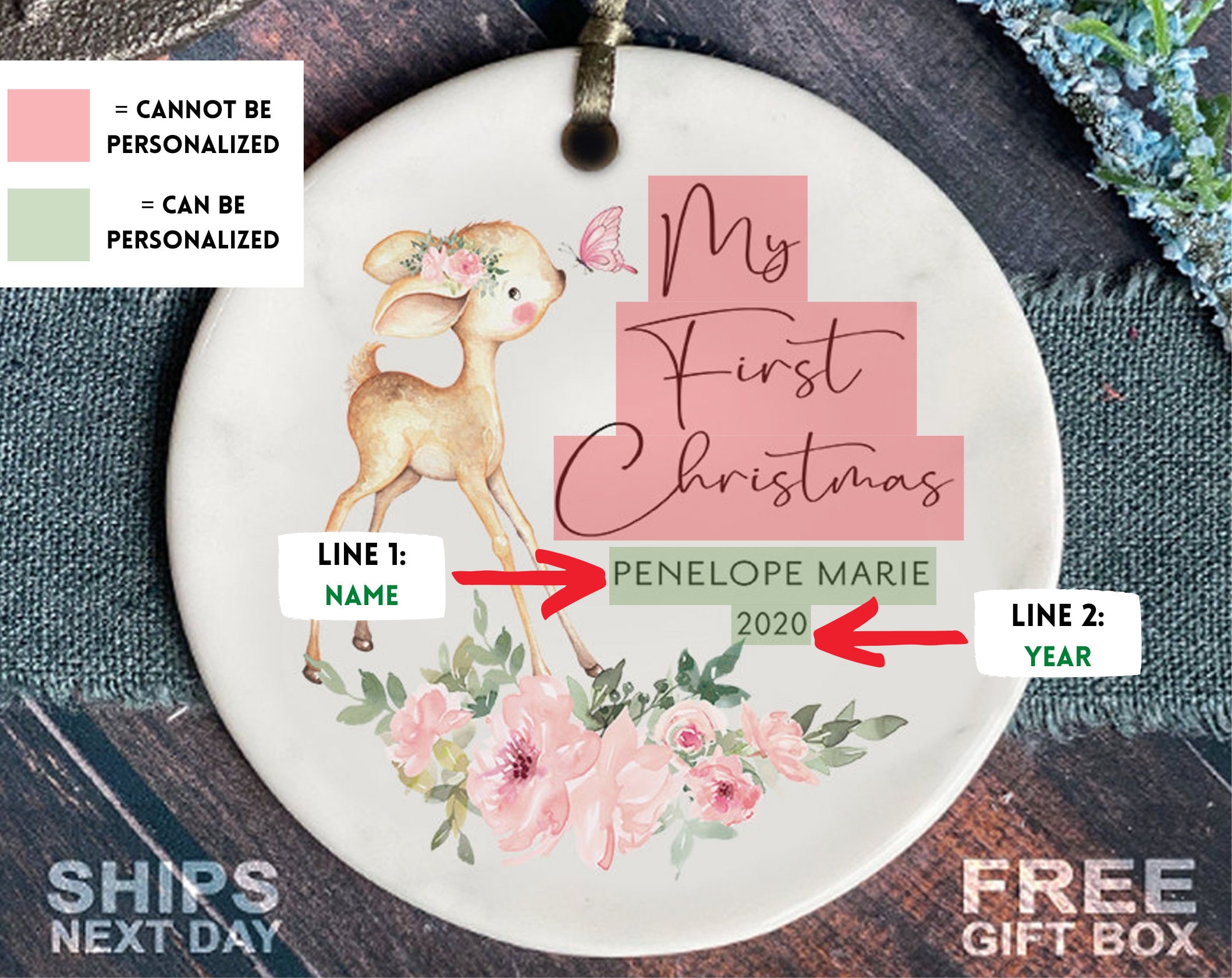 Baby&#39;s First Christmas Ornament - Personalized Baby Girl Deer Christmas Ornament