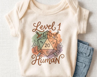 Level 1 Human Baby Onesie - Funny DnD Dice Bodysuit for Newborns