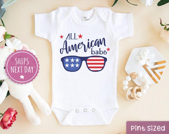 Fourth of July Onesie®- Cute All American Babe Onesie®- American Flag Glasses Bodysuit- Girls 4th of July Onesie®