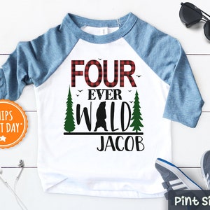 Personalized Birthday Boy Shirt 3/4 Baseball Shirt - Four Ever Wild Boy Shirt - Fourth Birthday Buffalo Plaid Outfit