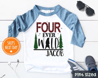 Personalized Birthday Boy Shirt 3/4 Baseball Shirt - Four Ever Wild Boy Shirt - Fourth Birthday Buffalo Plaid Outfit