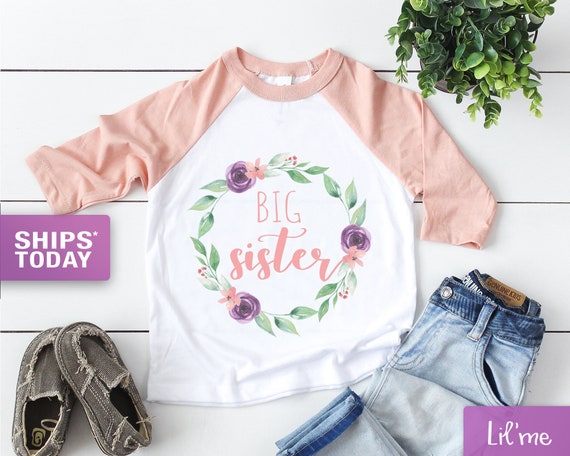 Big Sister Peach Floral Wreath Raglan Shirt Toddler Baseball Tee Big Sister Gift
