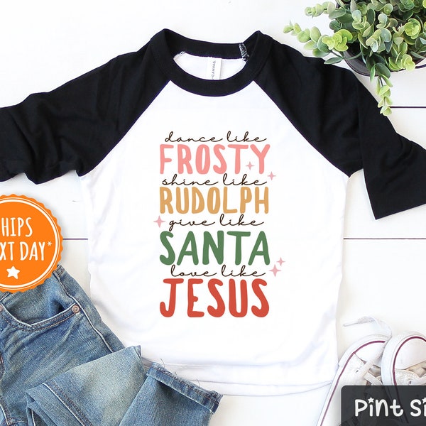 Christmas Kids Shirt- Dance like Frosty Toddler Shirt - Cute Retro Reindeer Natural Baseball Tee  - Vintage Religious Shirt