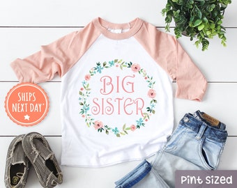 Big Sister Floral Toddler Shirt - Big Sister Raglan® - Sister Kids Gift- Big Sister Flower Wreath Shirt