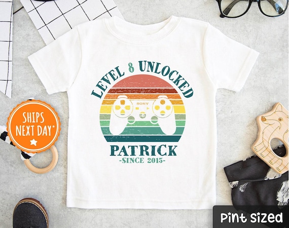 Personalized Eighth Birthday Boy Gamer shirt- 8th Birthday Baseball Tee- Level Eight Unlocked Birthday Shirt- Eighth Birthday Video Game Boy
