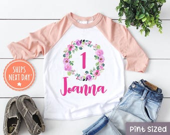 Personalized Birthday Girl Kids Shirt - Custom Name Girl Toddler Shirt - Floral Wreath Baseball Tee