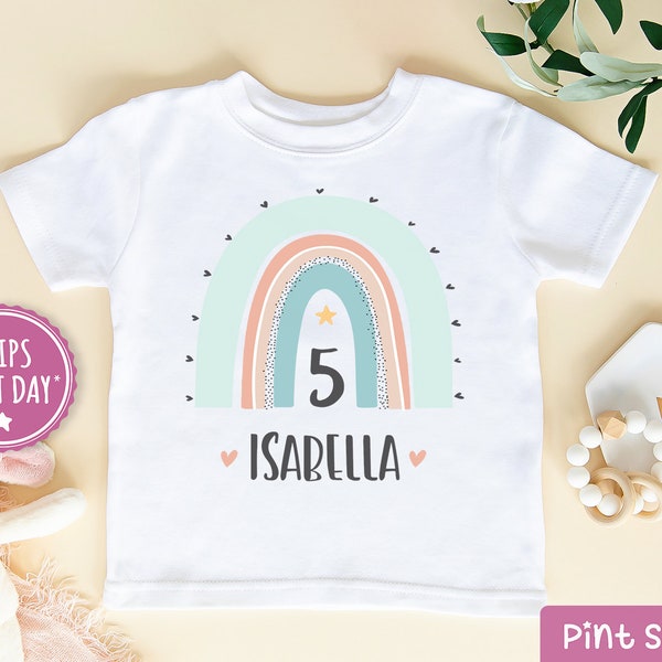 Personalized Rainbow Birthday Kids Shirt - Custom Name Girls Toddler Shirt - Cute Rainbow Birthday Baseball Tee