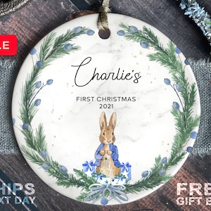 Boys First Christmas Ornament - Personalized Bunny Christmas Ornament - Custom Kids Christmas Gift